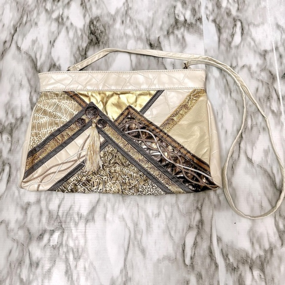 Vintage Cream Gold Leather Patchwork Crossbody Clutch Purse 80s Glam Mob Wife